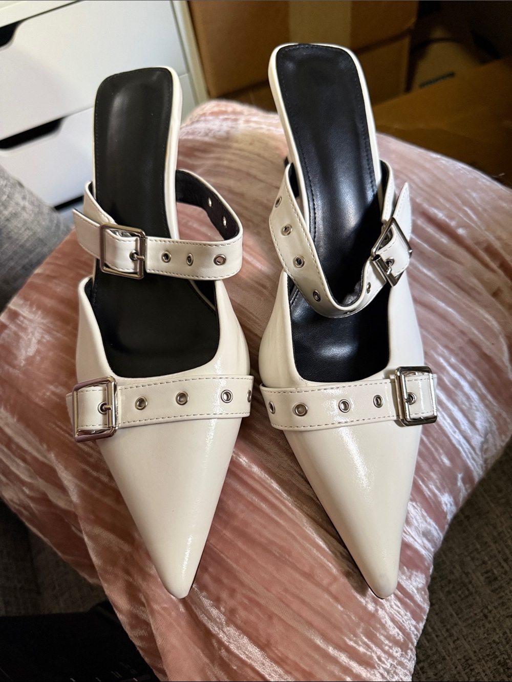 SHEIN White Pointed-Toe Buckle Mules with Double Straps